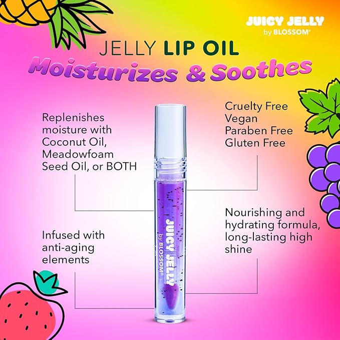 Blossom Juicy Jelly Moisturizing Lip Care Fruit Flavored Nourishing Lip Oil + Zodiac Sign Vanilla Scented Roll On Lip Gloss with Crystals, 2 Pack Bundle, Grape/Virgo