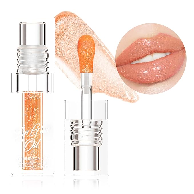 Magic Color-Changed Lip Glow Oil, Plumping Hydrating Tinted Gloss with Big Brush, Nourishing Glitter Non-Sticky Lacquer for Women & Girls, Tinta para Labios, Lipgloss for Dry Lips(Orange, 1 pcs)