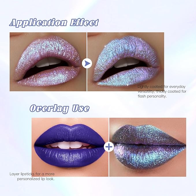 Blue Glitter Lip Gloss Liquid Lipstick, Diamond Shimmer Metallic Sparkly Iridescent Chameleon Lip Gloss Gift for Women, Long Lasting Waterproof Highly Pigment Glimmer Holographic Lip Makeup07