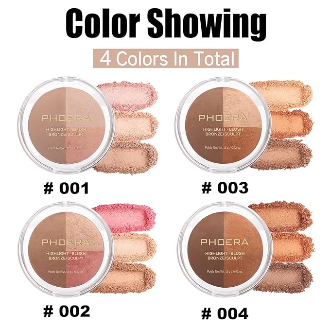 PHOERA Foundation, PHOERA Contour Palette,Shades with Highlighter & Contour/Nude+Warm peach+#002)