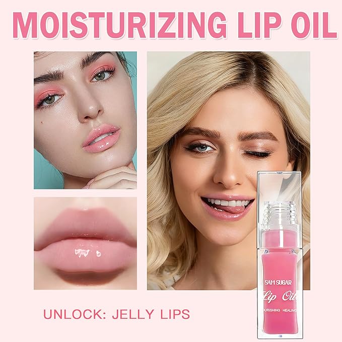 Sulily Glow Lip Oil,Pink Nourishing Tinted Lip Gloss,Plumping No-Sticky for Transparent High-shine Finish,Accumulate Jojoba Oil, Vegan (Jam)