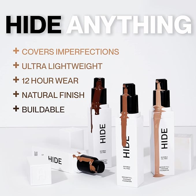 HIDE PREMIUM Liquid Foundation, Multi-Use Waterproof Foundation, Medium/Full 1 fl oz
