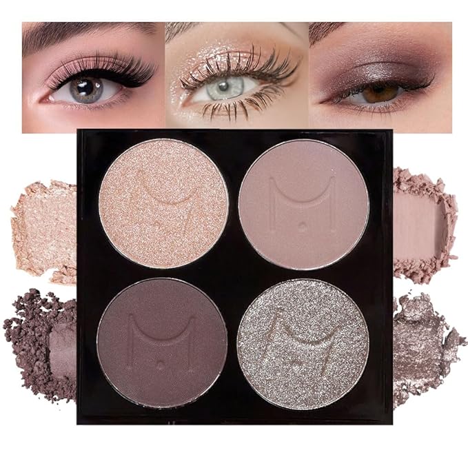 4 Colors Eyeshadow Makeup Palette,Champagne Nude Pink Dark Brown Highly Pigmented Natural Neutral Eye Shadow Palette with Mirror,Long Lasting Naturing-Looking,Waterproof,Blendable