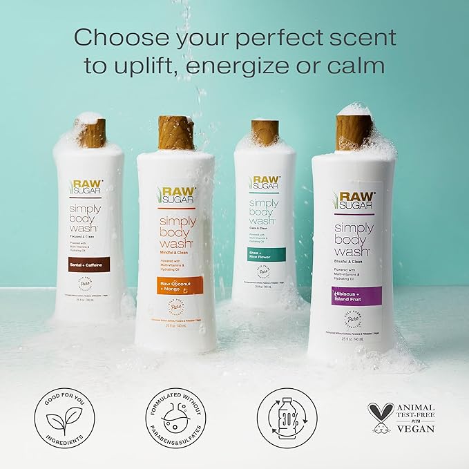 RAW SUGAR Simply Body Wash - Santal + Caffeine (25 Fl Oz, Pack of 1) Moisturizing & Soothing Bath & Shower Gel, Formulated without Sulfates & Parabens, Vegan