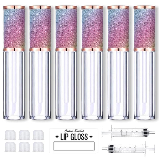 AMORIX 6pcs Lip Gloss Tubes with Wand 5ml Empty LipGloss Containers Rainbow Lipgloss Bottles Crystal Lip Gloss Supplies Kit with 2pcs Syringe