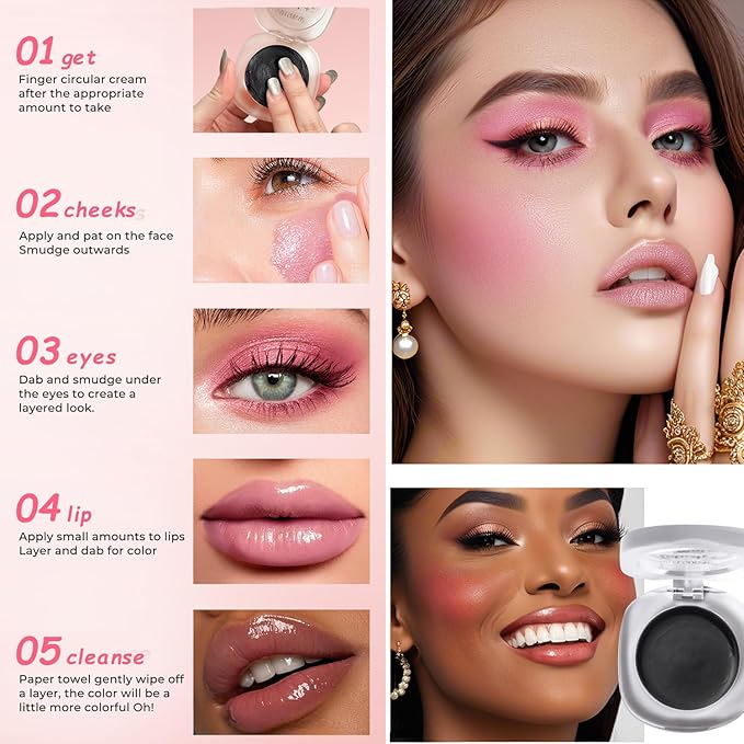 Cream Blush Makeup, Natural Pink/Black Glossy Face Blusher, Glitter, One)