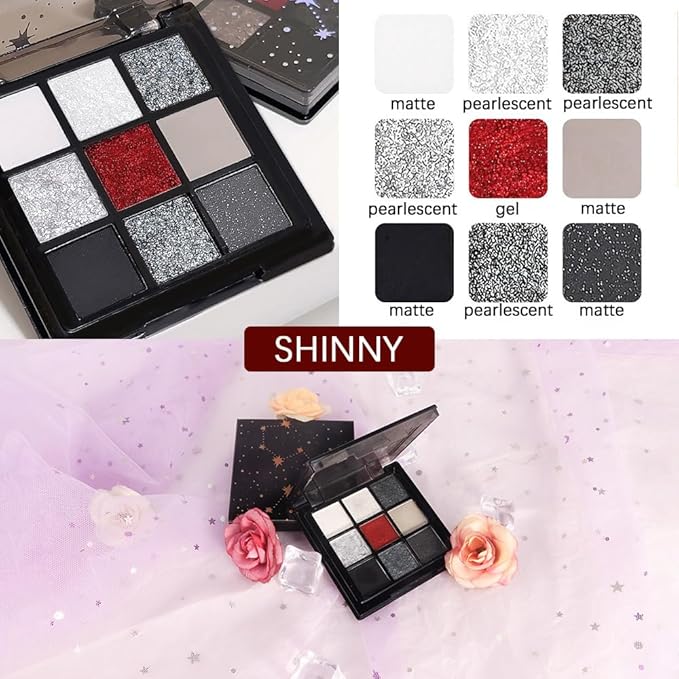 Smokey Black Red Eyeshadow Palette,9 Colors Dark Shimmer Matte Metallic Makeup Pallet,Pigmented Make Up Kit for Halloween Parties Christmas Joker Vampire Clown,Long Lasting Waterproof