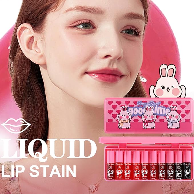 Eakroo 10 Colors Lip Tint Stain Set, Korean Lip Gloss Watery Lip Stain Moisturizing Mini Liquid Lipstick Set, Multi-Use Lip and Cheek Tint, Non-Stick Cup, High Pigment, Long-Lasting, Vivid Color