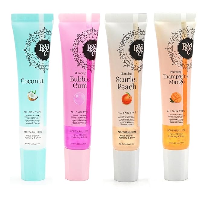 ROSÉE & CO Rosee Lip Gloss Vegan & Cruelty Free Treatment, Professional Make up, Long Lasting Glossy with Shea Butter, Moisturize, Protect & Smooth, High Shine, Non-Sticky (u. Set of 4-2, 0.5)