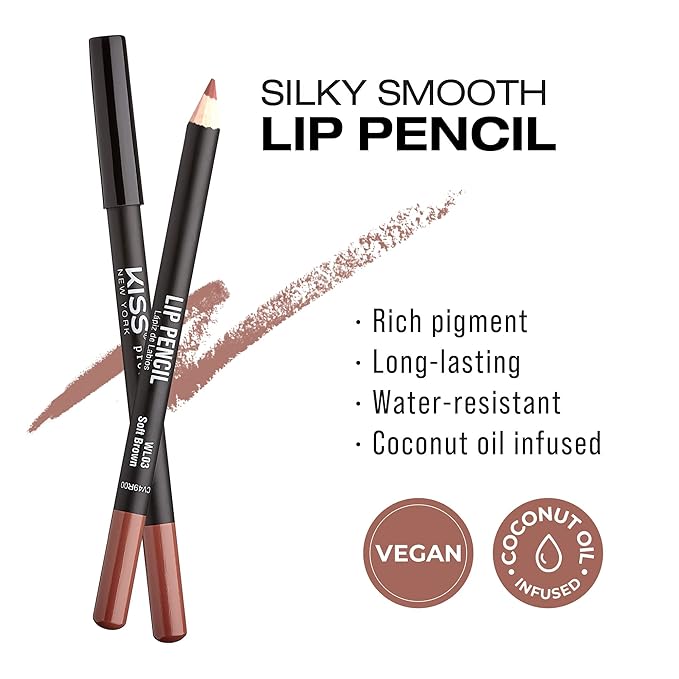 KISS New York Professional Slim Lip Pencil, Creamy Soft Lip Liner, Smooth Long-Lasting Rich Lip Color, Natural Lip Makeup, Water-Resistant Lip Crayon (Soft Brown)