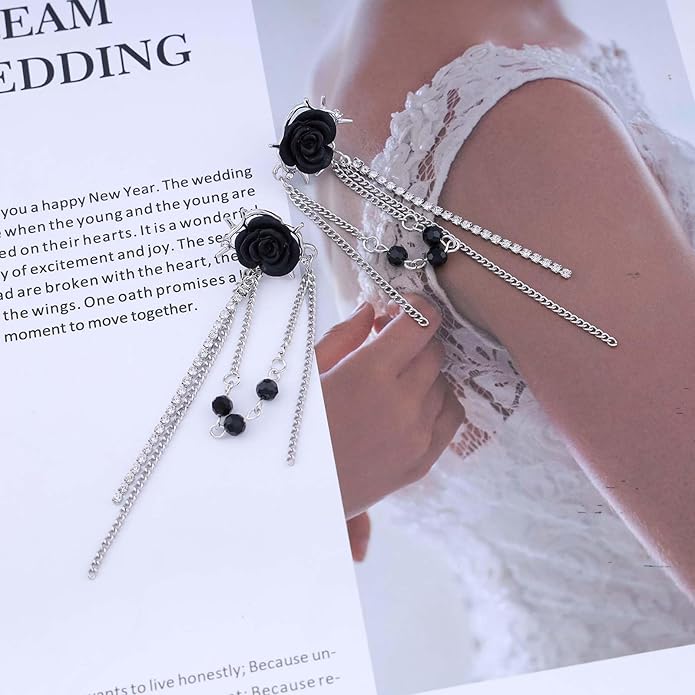 Punk Black Rose Flower Earring Long Rhinestone Chain