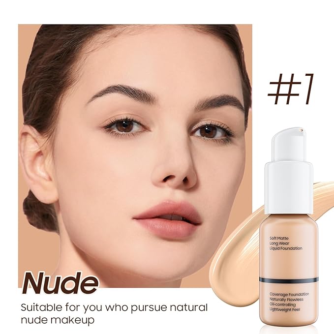 Matte Full Coverage Liquid Foundation - Lightweight & (#102 Nude)