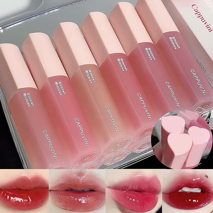 6Pcs Juicy Lasting Tint Lip Gloss Set, Vivid Color, Glossy Finish, Long-lasting Moisturizing Glaze Tint Highly-Pigmented, Clear & Natural Makeup Lip Tint for Daily