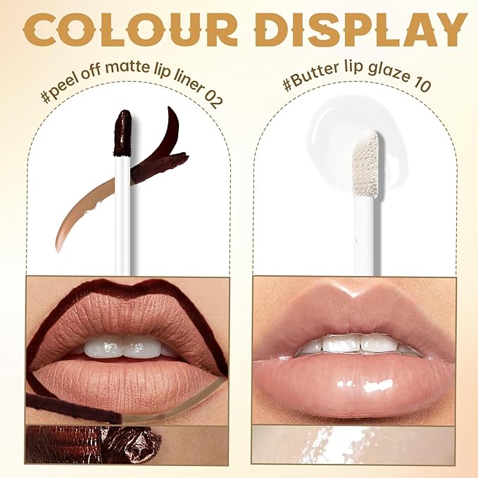 Peel Off Lip Liner Stain Tattoo, Long Lasting Waterproof Lip Stain Peel off, Tattoo Brown Lip Liner and Lip Gloss Combo, Non-Stick Cup Nourishing Lip Gloss Set Lipstick Makeup