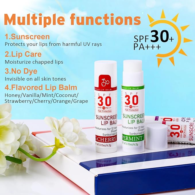 SPF 30 Lip Balm with Sunscreen, SPF Lip Balm Bulk Travel Size-16 Pack, Hydrating Lip Balm Pack with Vitamin E and Coconut Oil- 8 Flavors