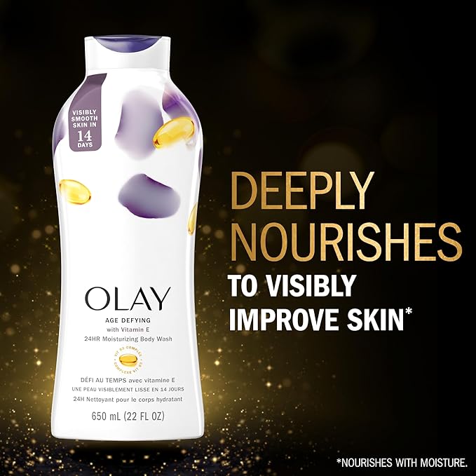 Olay Body Wash for Women, Age Defying with Vitamin E, 24hr Moisturizing, Hydrating & Refreshing, B3 Vitamin Complex, Free of Parabens & Phthalates, For All Skin Types, Scented, 22 fl oz (Pack of 2)