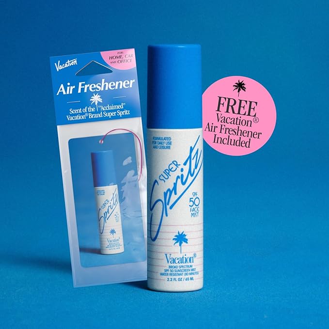 Vacation Super Spritz SPF 50 Sunscreen Face Mist + Air Freshener Bundle, Daily Face Sunscreen Spray, SPF Face Spray, Sunscreen Spray for Face, Face Mist Sunscreen, 2.2 fl. Oz.