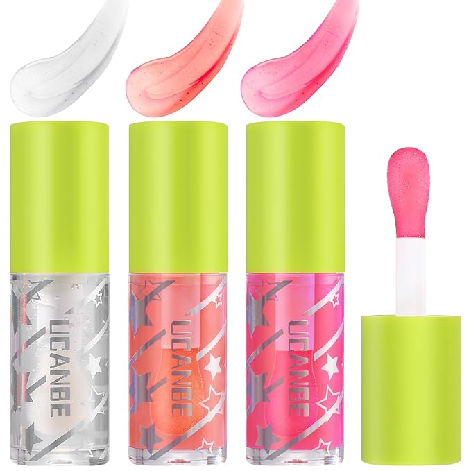 UCANBE 3 Color Hydrating Lip Glow Oil - Natural Plumping Lip Oil (Clear/Cinnamon/Cherry), Luxurious Non-Sticky Mositurizing Lip Top Gloss for All-Day Wear and Comfort…