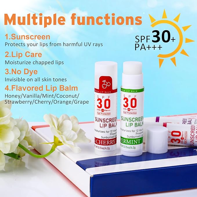 SPF 30 Lip Balm with Sunscreen, SPF Lip Balm Bulk Travel Size-64 Pack, Hydrating Lip Balm Pack with Vitamin E and Coconut Oil- 8 Flavors