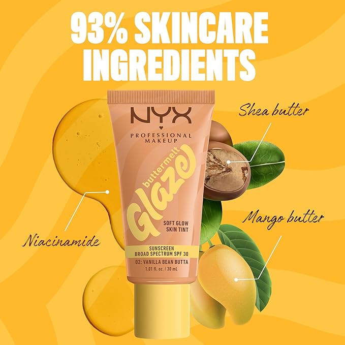NYX PROFESSIONAL MAKEUP Buttermelt Glaze Soft Glow Skin Tint + SPF 30, Up To 12HR Wear, 02 Vanilla Bean Butta
