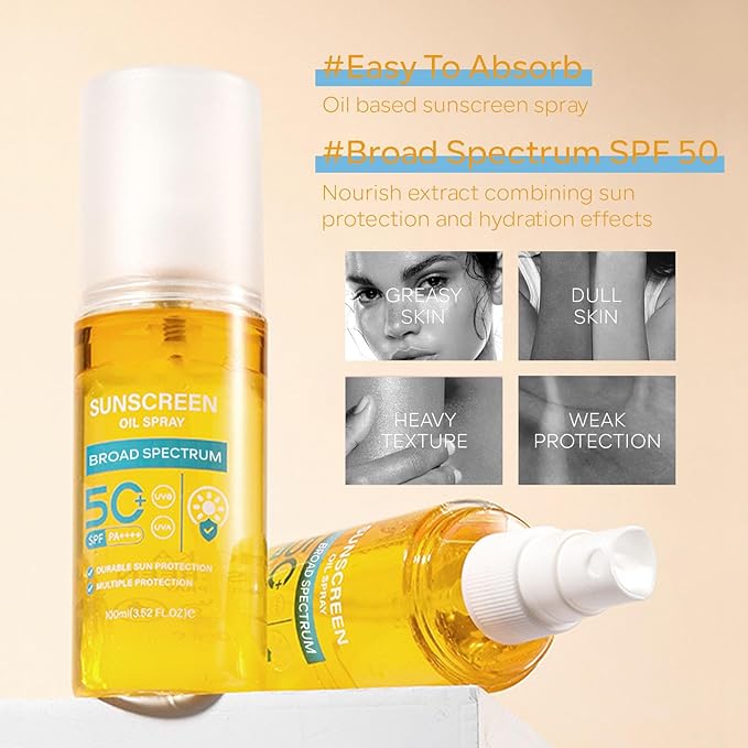 SPF Oil Sunscreen Spray,SPF Glow Oil Sunscreen Mist,Broad Spectrum Sunscreen Protection Oil Sunscreen Spray,SPF 50 PA++++,Hydration Body Sunscreen Oil Skin Sun UVA/UVB Protection 100ML
