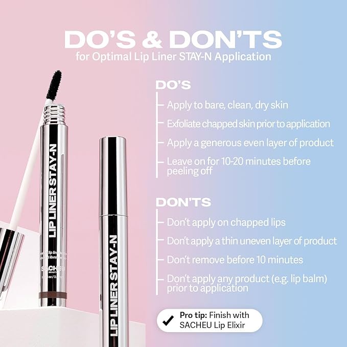 Sacheu Lip Liner Stay-N Peel Off Lip Stain — Long Lasting Matte Lip Tattoo Transfer Proof Lipstain Infused with Hyaluronic Acid & Vitamin E for All Skin Types — Vegan & Cruelty-Free, Plumped