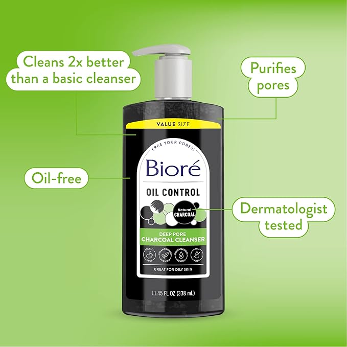 Biore Deep Pore Charcoal Face Wash, Daily Facial Cleanser for Dirt & Makeup Removal, for Oily Skin, 11.45 fl oz, Value Size (Pack of 2)