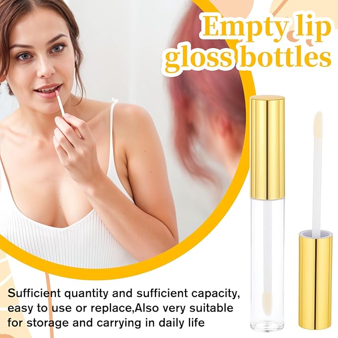 5 Pcs Empty Lip Gloss Tubes, Clear Plastic Gloss Container with Wand Refillable Lip Balm Bottle 10ml Lip Gloss Container for Lipstick Samples, Lip Balms(Gold Tube Cap)