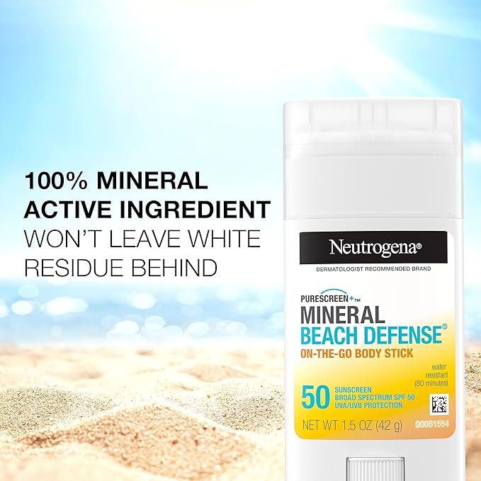 Neutrogena Purescreen+ Mineral Beach Defense On-The-Go Body Sunscreen Stick with Broad Spectrum SPF 50, Water Resistant UVA/UVB Protection, Absorbs Quickly & Dries Clear, 1.5 oz