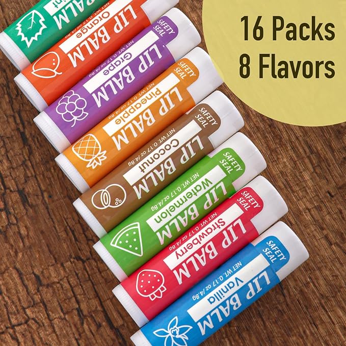 16 Pack Lip Balm, Natural Lip Flavors