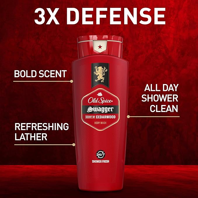 Old Spice Refreshing Body Wash for Men, 3X Defense, 24/7 Shower Fresh with Long Lasting Scent, Red Collection, Swagger with Cedarwood Scent, 16 oz (Pack of 4)