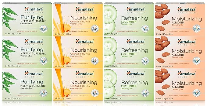 Himalaya Cleansing Bar Soaps Variety Pack, Neem & Turmeric, Almond, Cream & Honey and Cucumber, 4.41 oz, 12 Pack