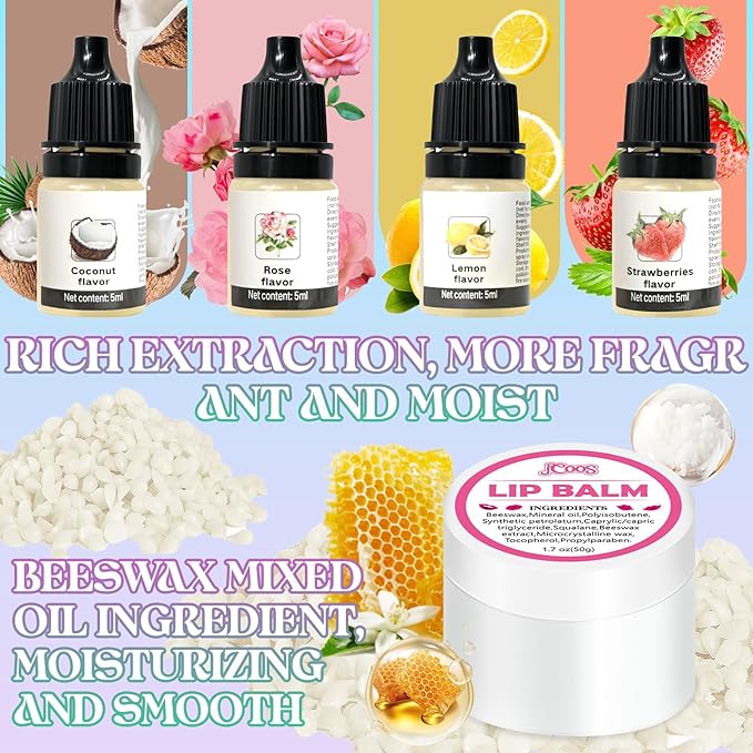 JCOOS Lip Gloss Making Kit, Lip Gloss Set for Teens Lip Kit Fun DIY Lipgloss Making Kit, Diy Lip Balm Kit Make Your Own Lip Gloss Making Kit, Moisturizing Lip Balm Base, Natural Beeswax, Lip Balm