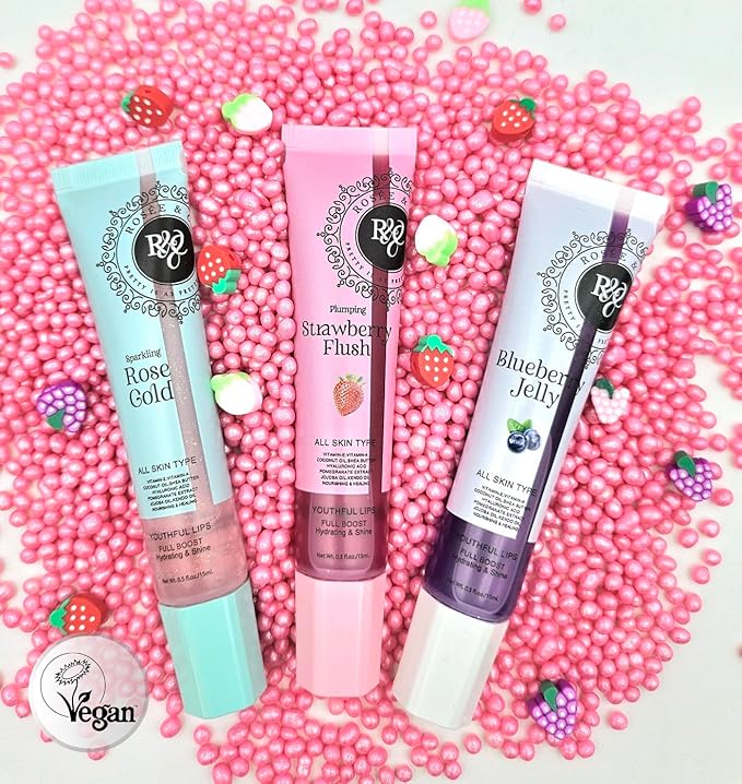 ROSÉE & CO Rosee Lip Gloss Vegan & Cruelty Free Treatment, Professional Make up, Long Lasting Glossy with Shea Butter, Moisturize, Protect & Smooth, High Shine, Non-Sticky (e. Sparkling Gold, 0.5)