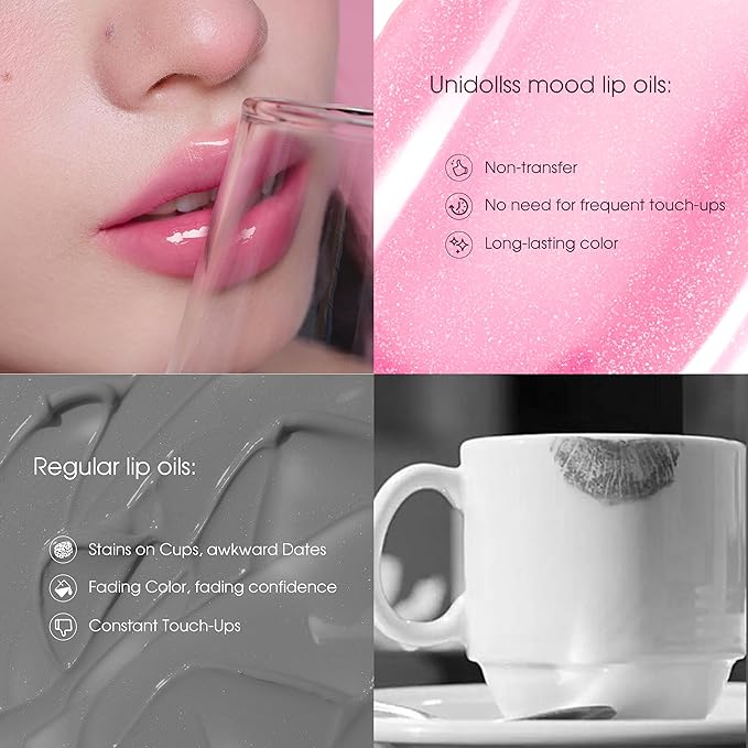 Unidollss MOOD Color Changing Lip Oil - Hydrating, Plumping, Non-Sticky Lip Gloss with Shimmer Finish, Long-Lasting Moisturizing Tinted Lip Balm for Smooth & Glossy Lips