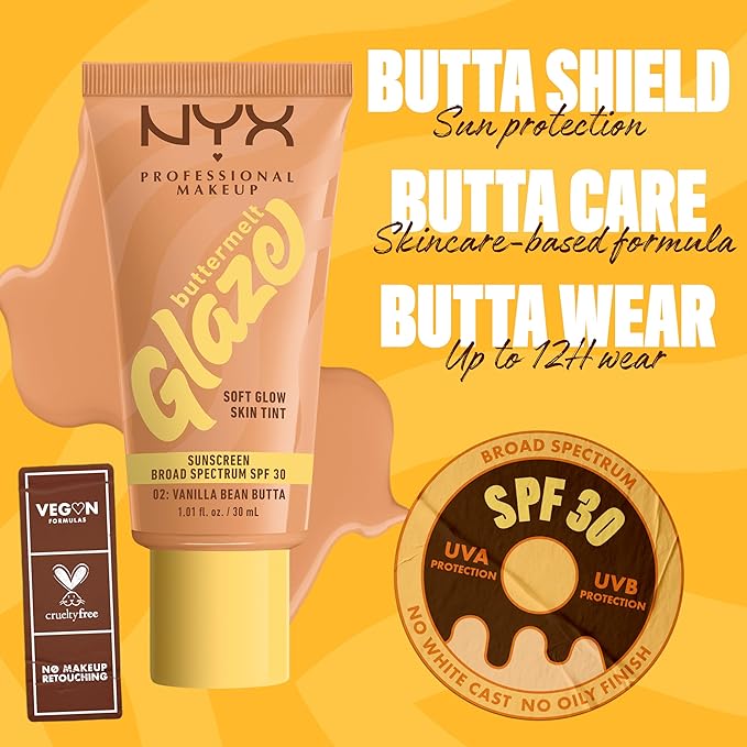 NYX PROFESSIONAL MAKEUP Buttermelt Glaze Soft Glow Skin Tint + SPF 30, Up To 12HR Wear, 02 Vanilla Bean Butta
