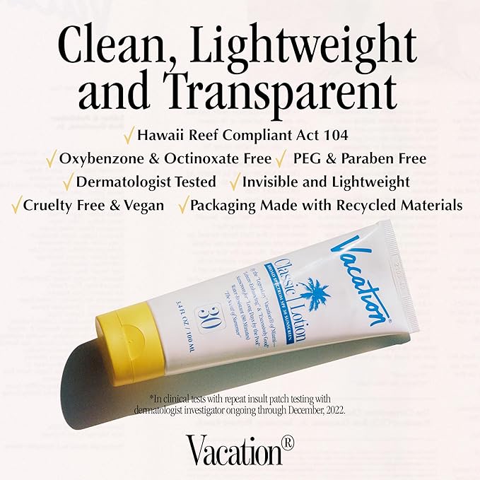 Vacation Classic Sunscreen Lotion SPF 30 + Air Freshener Bundle, Water Resistant Broad Spectrum Sunscreen Sun Block, Vegan Sun Tanning Lotion, Body Lotion with SPF, SPF 30 Sunscreen, 3.4 Fl. Oz.