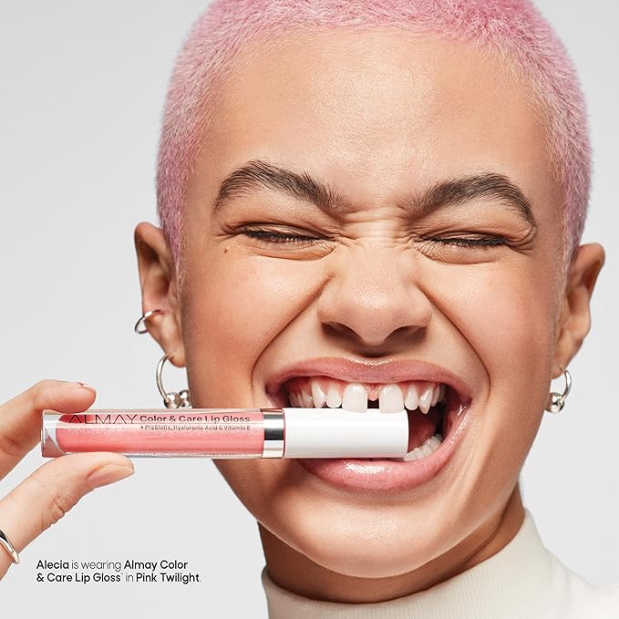 Almay Color & Care Hydrating Lip Gloss, Soft Natural Hues, Prebiotic Complex, Hyaluronic Filling-Sphere Technology, 100 Pink Twilight, 0.1 Fl Oz