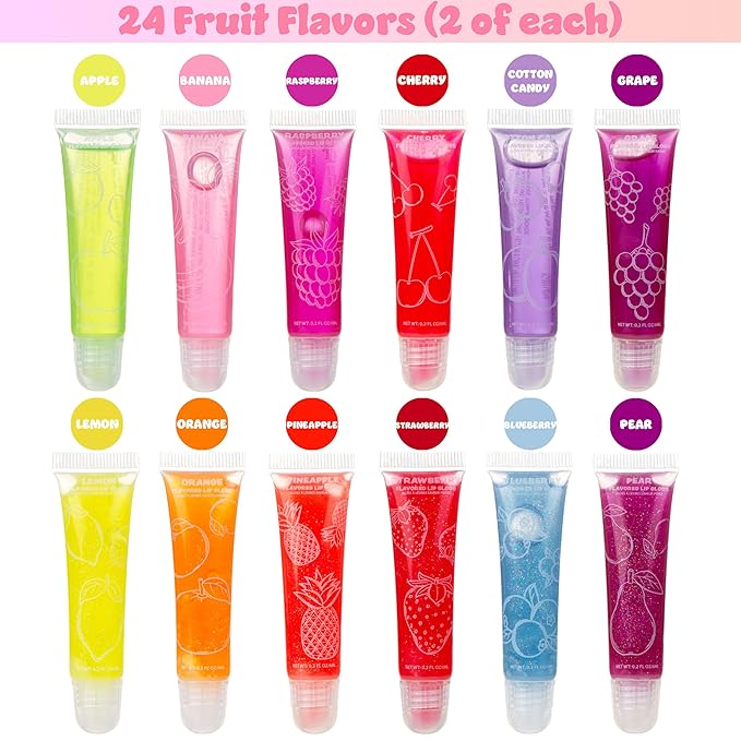 Expressions 24pc Lip Gloss Set, Flavored Lipgloss Squeeze Tubes with Carrying Case, Lip Gloss Set Value Pack, Assorted Fruit Flavored Lip Glosses, Kid-Friendly Non Toxic Makeup
