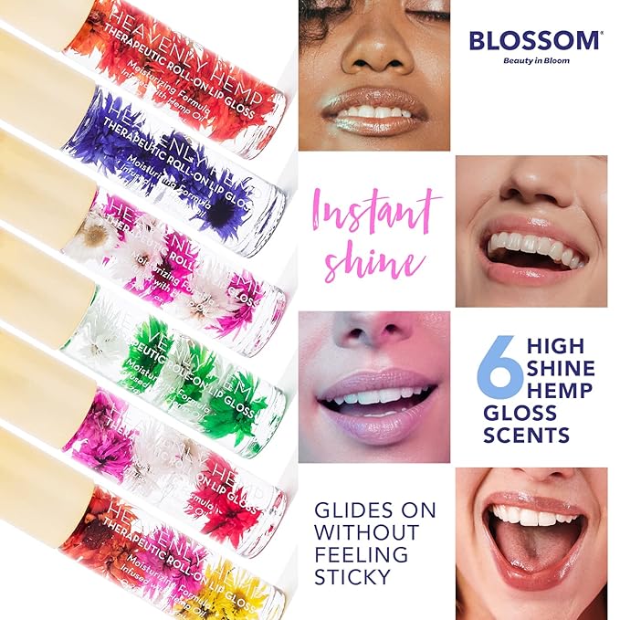 Blossom Roll on Lip Gloss, Scented Clear High Shine Moisturizing Lip Oil, Non Sticky, Infused with Real Flowers, Made in USA, 0.2oz, Vanilla Hemp