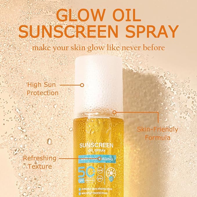 KYDA 2 Bottles Oil Sunscreen Spray, Glow Oil Sunscreen Mist SPF 50, Lightweight Hydration Body Sunscreen Oil, Refreshing Sunscreen Spray, Broad Spectrum UVA/UVB Protection