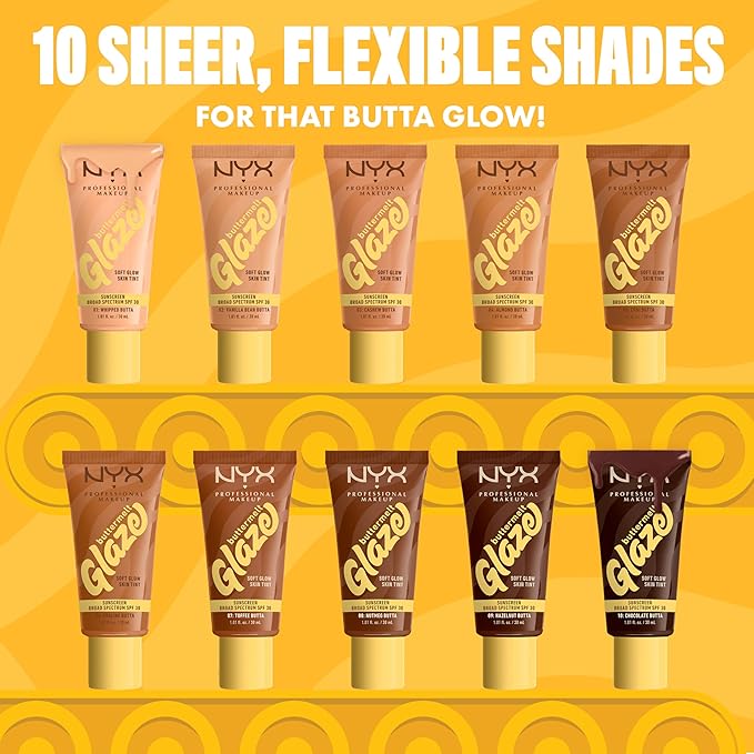 NYX PROFESSIONAL MAKEUP Buttermelt Glaze Soft Glow Skin Tint + SPF 30, Up To 12HR Wear, 10 Chocolate Butta