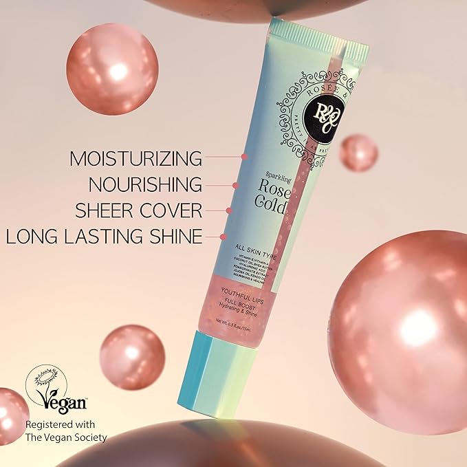 Rosee Lip Gloss Vegan & Cruelty Free Treatment, Professional Make up, Long Lasting Glossy with Shea Butter, Moisturize, Protect & Smooth, High Shine, Non-Sticky (f. Sparkling Rose Gold, 0.5)