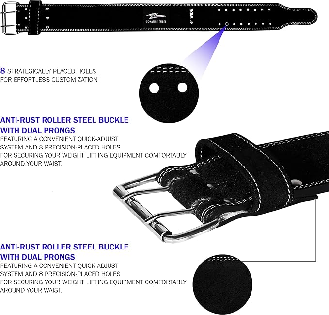 Zokani Thick Leather Weight Lifting Belt - 6MM 4-Inch Wide, 100% Leather 24" - 32", suede