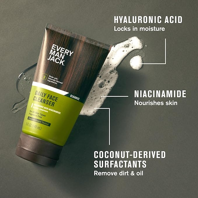 Every Man Jack Daily Face Wash & Lotion Set, Deeply Cleanse, Moisturize, and Revive Dry, Tired Skin with Hyaluronic Acid, Niacinamide, and Aloe Vera - 2-Pack