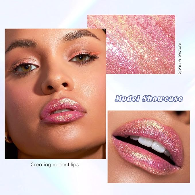 Hot Pink Glitter Lip Gloss Liquid Lipstick, Diamond Shimmer Metallic Sparkly Iridescent Chameleon Lip Gloss Gift for Women, Long Lasting Waterproof Highly Pigment Holographic Lip Makeup05