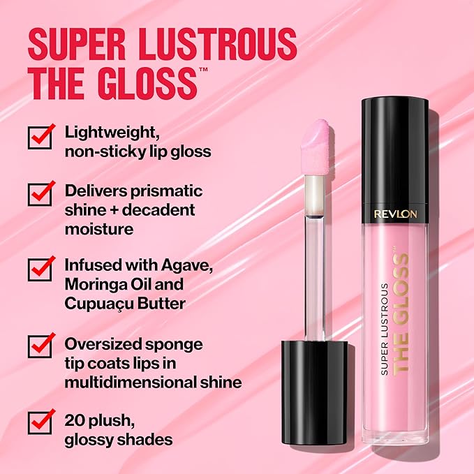 Revlon Super Lustrous Lip Gloss, Non-Sticky, Hydrating, High Shine Finish, 205 Snow Pink, 0.13 oz