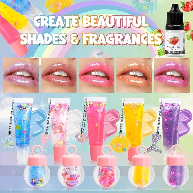 Jcoos Lip Gloss Making Kit 73PCS Lip Gloss Keychain Make Your Own Lip Gloss Kit, DIY Lip Gloss Making kit, Soap Making Kit for Kids, Make Your Own Soap Kit Soap Making Kit Science Kits for Kids Age