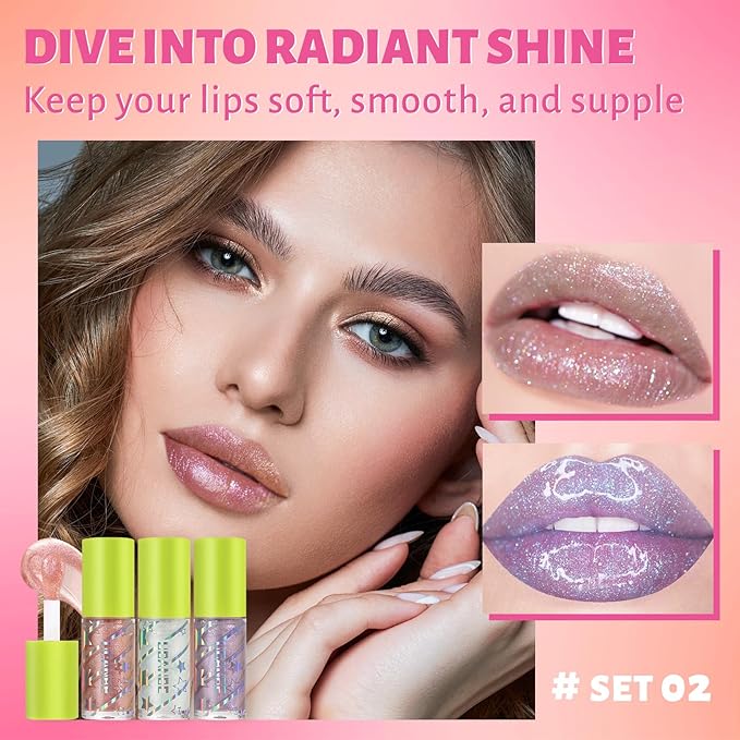 UCANBE 3 Reflective Color Lip Glow Oil - Instense High-moisture Lip Oil (Pink/Crystal/Mermaid), Luxurious Non-Sticky Mositurizing Lip Top Gloss for All-Day Wear and Comfort