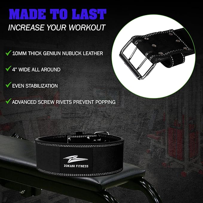 Zokani Thick Leather Weight Lifting Belt - 6MM 4-Inch Wide, 100% Leather 24" - 32", suede